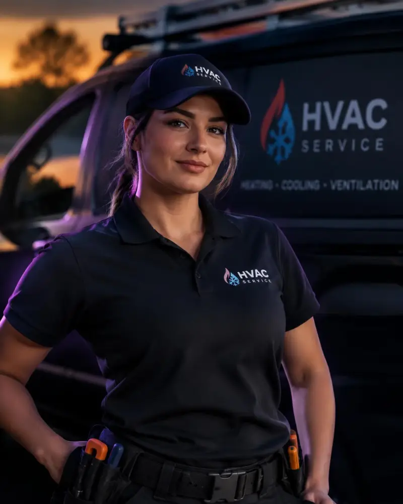 A local service professional next to a work van